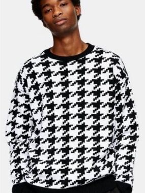 Men's Topman Black & White Houndstooth Crewneck Sweater